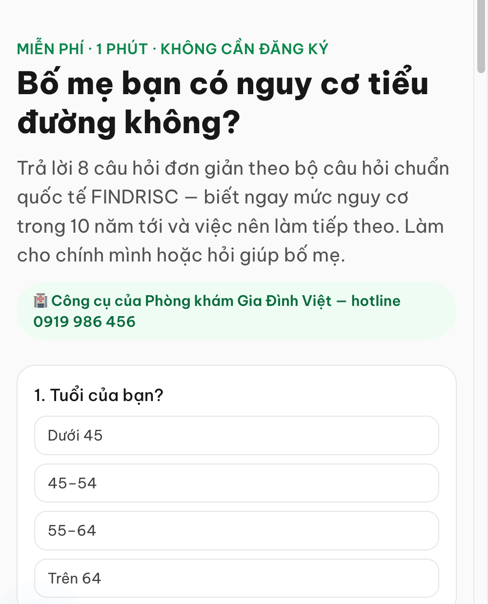 Giao diện trắc nghiệm nguy cơ tiểu đường của Gia Đình Việt Health